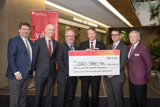 Gerald C. Baines Foundation Board Chair Kirk Baines presents a $1.5 million cheque to support cancer research at London Health Sciences Centre