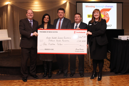 From left: Andrew Smith, Scotiabank District Vice President, London and Area District; Maria Theofilaktidis, Scotiabank Executive  Vice President, Retail Distribution; John MacFarlane, President and CEO, London Health Sciences Foundation; Steve Gaskin, Scotiabank Senior Vice President, Ontario Region; and Sherri Bocchini, Chief Development Officer, Children’s Health Foundation.