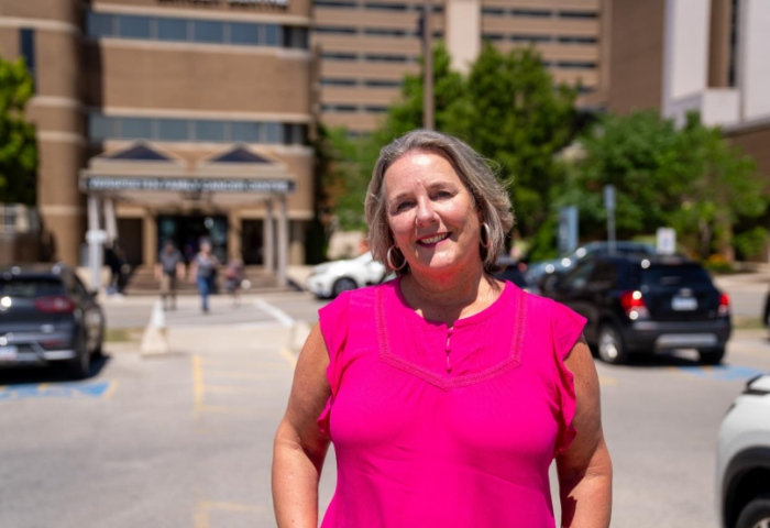 Krystyna Locke outside the Verspeeten Family Cancer Centre (Source: LHSF)