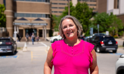 Krystyna Locke outside the Verspeeten Family Cancer Centre (Source: LHSF)