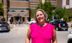 Krystyna Locke outside the Verspeeten Family Cancer Centre (Source: LHSF) 
