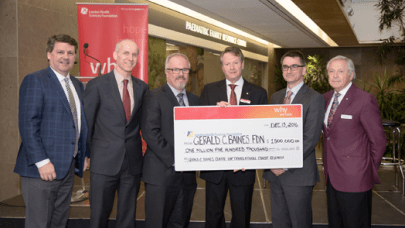 Gerald C. Baines Foundation Board Chair Kirk Baines presents a $1.5 million cheque to support cancer research at London Health Sciences Centre