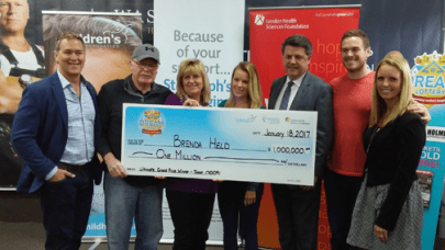 Million dollar payout - Brenda and John Held of London will be choosing between a prize home package worth $1.3 million or a cash option of $1 million after Brenda Held's number was drawn this morning in the Dream Lottery. From left: Doug Wastell of Wastell Homes, John Held, Dream Lottery winner Brenda Held, T.V. personality Sherry Holmes, London Health Sciences President & CEO John MacFarlane, T.V. personality Mike Holmes Jr., and Sue Wastell of Wastell Homes