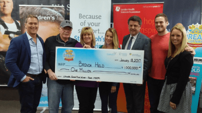 Million dollar payout - Brenda and John Held of London will be choosing between a prize home package worth $1.3 million or a cash option of $1 million after Brenda Held's number was drawn this morning in the Dream Lottery. From left: Doug Wastell of Wastell Homes, John Held, Dream Lottery winner Brenda Held, T.V. personality Sherry Holmes, London Health Sciences President &amp; CEO John MacFarlane, T.V. personality Mike Holmes Jr., and Sue Wastell of Wastell Homes