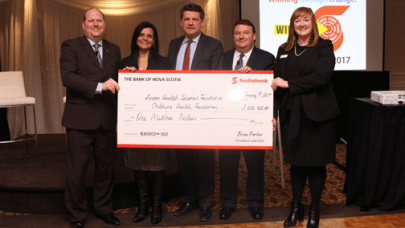 From left: Andrew Smith, Scotiabank District Vice President, London and Area District; Maria Theofilaktidis, Scotiabank Executive  Vice President, Retail Distribution; John MacFarlane, President and CEO, London Health Sciences Foundation; Steve Gaskin, Scotiabank Senior Vice President, Ontario Region; and Sherri Bocchini, Chief Development Officer, Children’s Health Foundation.