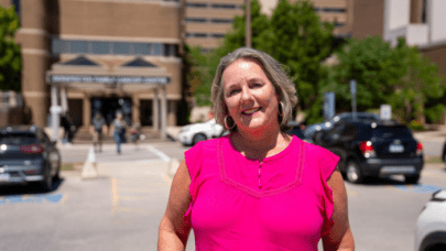 Krystyna Locke outside the Verspeeten Family Cancer Centre (Source: LHSF)