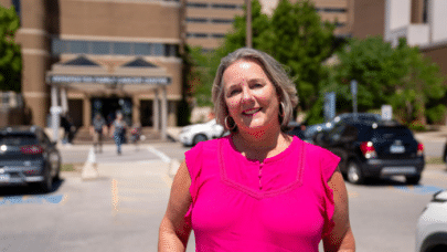 Krystyna Locke outside the Verspeeten Family Cancer Centre (Source: LHSF) 